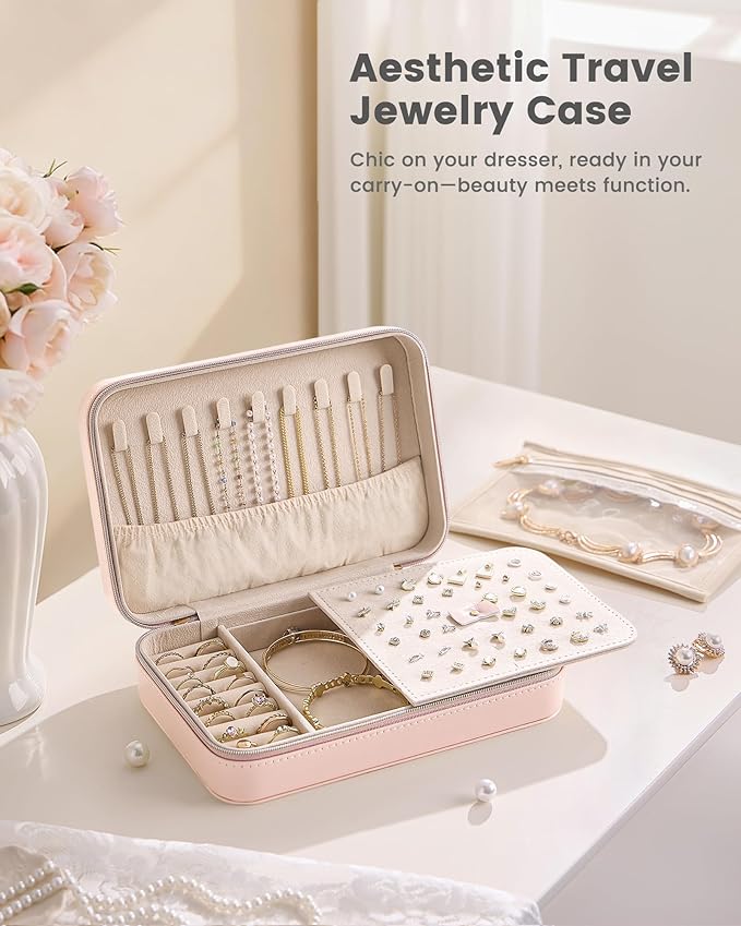Lolalet Travel Jewelry Case for Women Girls, Travel Jewelry Organizer with Clear Storage Bag Small Portable Jewelry Box for Necklace Bracelet Earring Ring Birthday Bridesmaid Gifts -Large/Pink