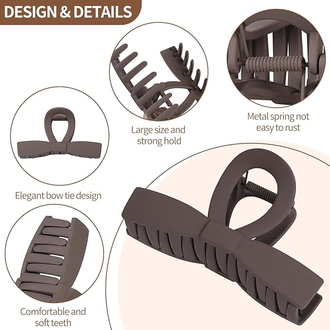 Fashion Bow Hair Claw Clips, 7 Pack 4.1 Inches Non-Slip Large Hair Clips for Women, Matte Tortoiseshell and Neutral Colors Hair Bows for Thick Thin Hair