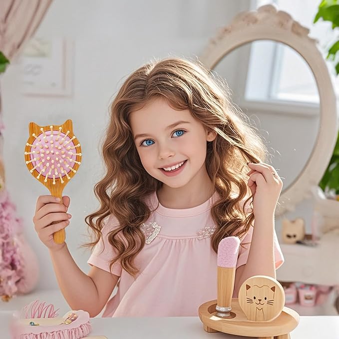Cute Cat Shape Pink Mini Bamboo Hair Brush - Kids Travel Hairbrush with Air Cushion, Anti-Frizz Detangler for Girls (Adorable Kitten Design)
