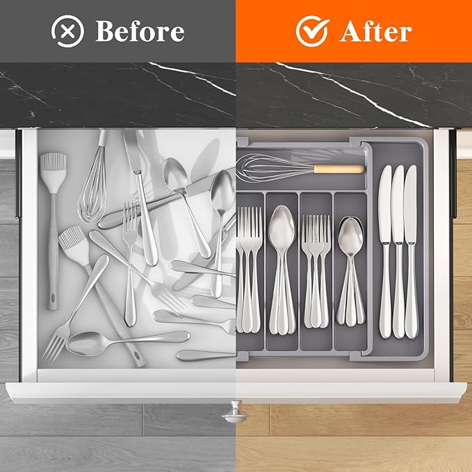 Lifewit Silverware Drawer Organizer, Expandable Utensil Tray for Kitchen, BPA Free Flatware and Cutlery Holder, Adjustable Plastic Storage for Spoons Forks Knives, 8.5-14 x 12", Gray