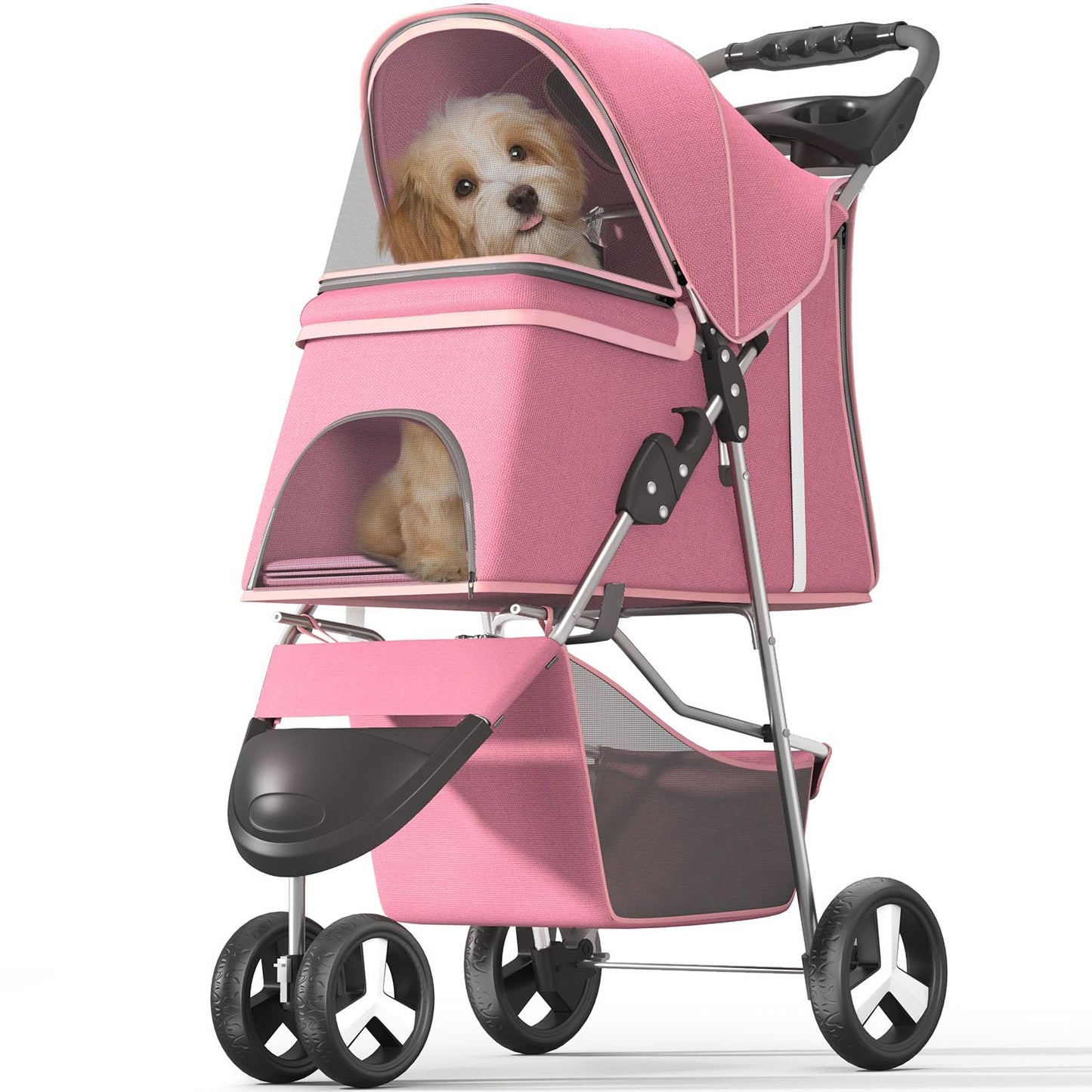 OS MOTOR Pet Stroller with 3 Wheels for Small/Medium Pets, Portable Travel Foldable Carrier Jogger for Dog Cat Puppy Kitty, Rear Wheel Breaks, Storage Basket, Visible Mesh with Weather Cover (Pink)