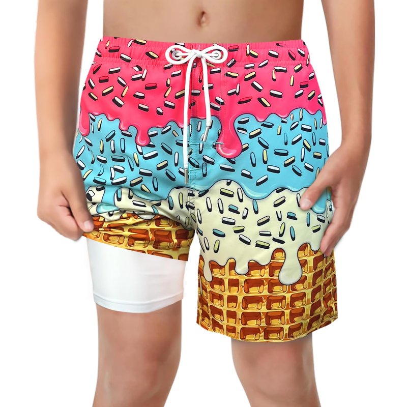 LUCOWEE Boys Bathing Trunks Boxer Brief Lined Anti Chafe Quality Swimming Shorts Swimsuits Stretchy Light Weight Quick Dry UPF 50+ Water to Land Ice Cream Waffle Size 10-12