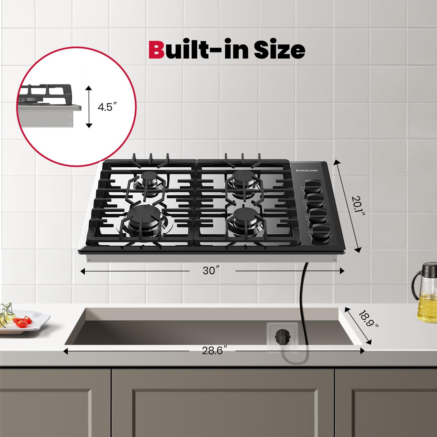 GASLAND Gas Cooktop 30 Inch Black, 4 Sabaf Sealed Burner Gas Stovetop, 4 ft Cord Plug, Cast Iron Grates with Metal Knobs, 28,300 BTU NG/LPG Convertible, Thermocouple Protection, CSA Certified