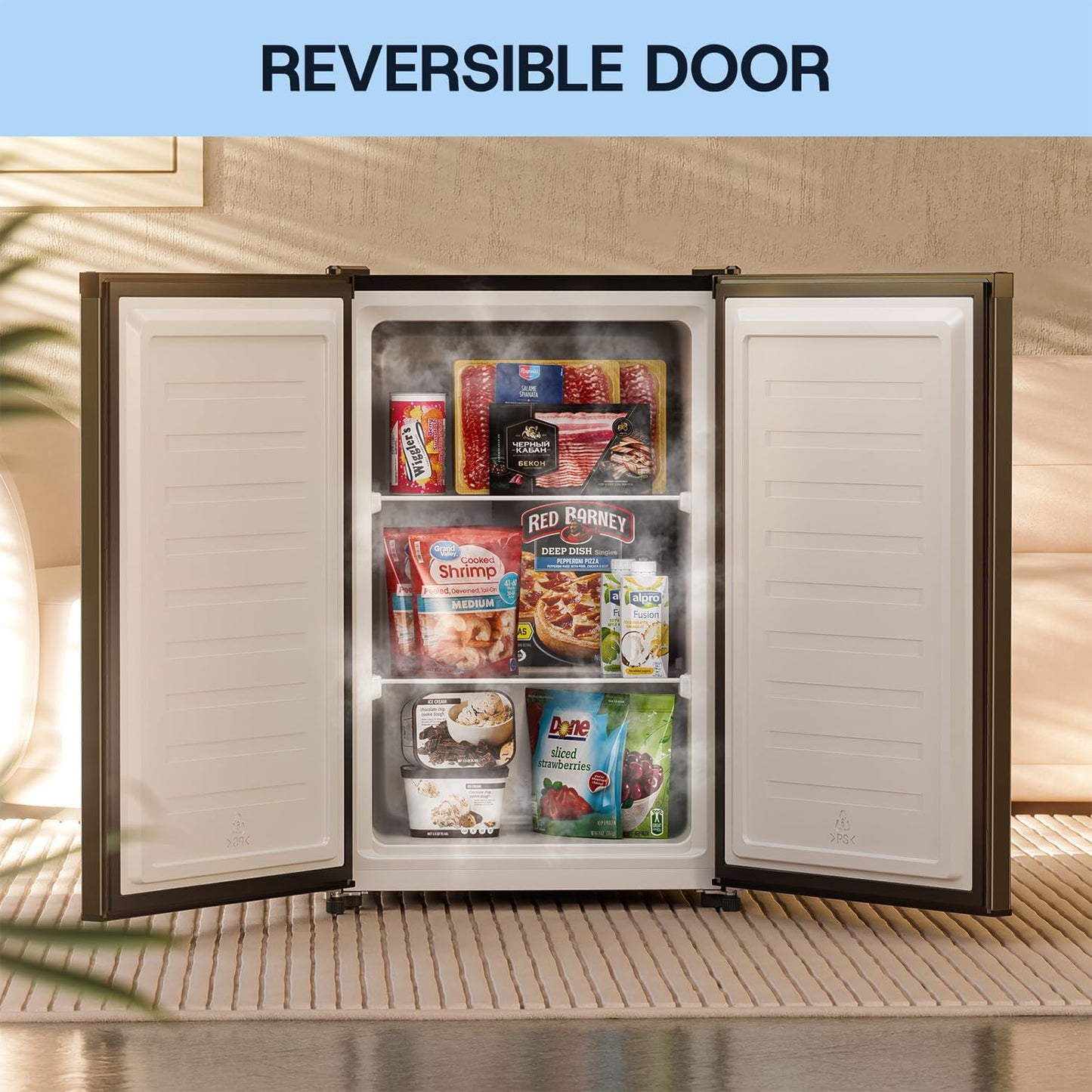 Upstreman 3.0 Cu.ft Small Mini Freezer Upright Freezer Black with Reversible Door, Fast Cooling, 5 Adjustable Thermostat, Stand Up Freezers with Ice Trays Defrosting Tools for Home, Dorm (Black)