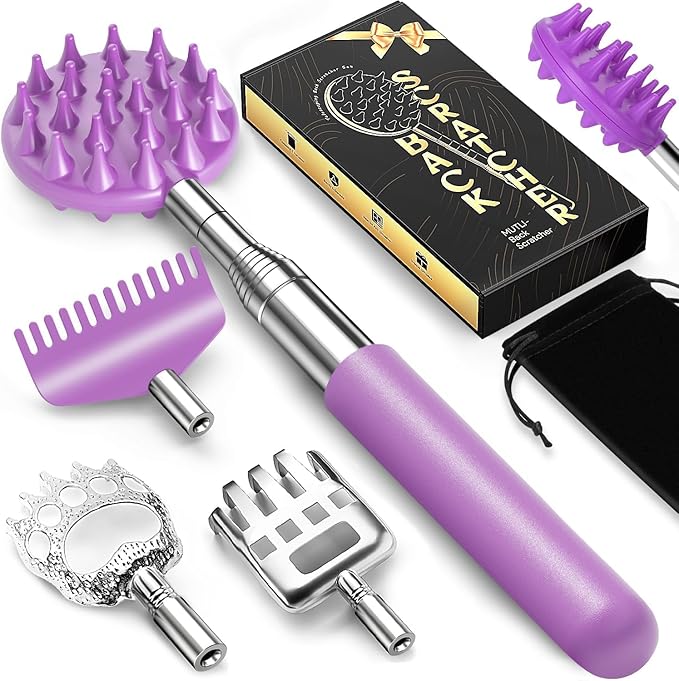TUKUOS Telescoping Back Scratcher with 5 Detachable Scratching Heads, Valentines Day Gifts for Him Men, Anniversary Birthday Gifts for Men Women Back Scratcher for Men/Dad/Women/Adults - Purple