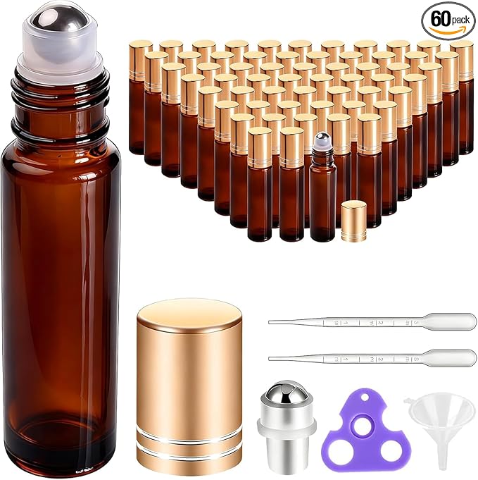 PrettyCare 60 Pack, 10 ml Essential Oil Roller Bottles with Stainless Steel Roller Ball - Bulk Refillable Leak-proof Empty Thick Amber Glass Roll on Bottles with Metal Caps for Travel, Perfume