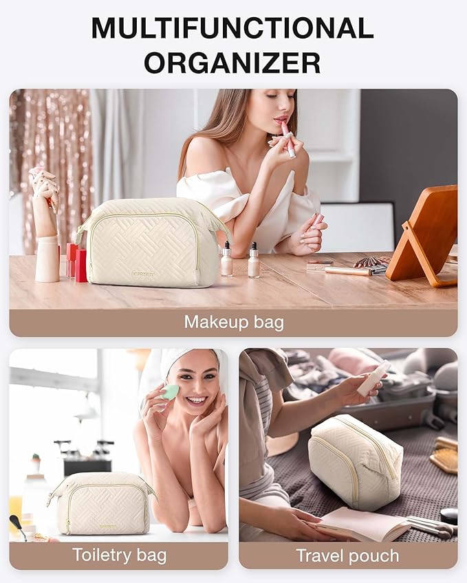 BAGSMART Travel Makeup Bag, Cosmetic Bag Small Make Up Organizer Case,Wide-open Pouch for Women Purse for Toiletries Accessories Brushes,Small Beige