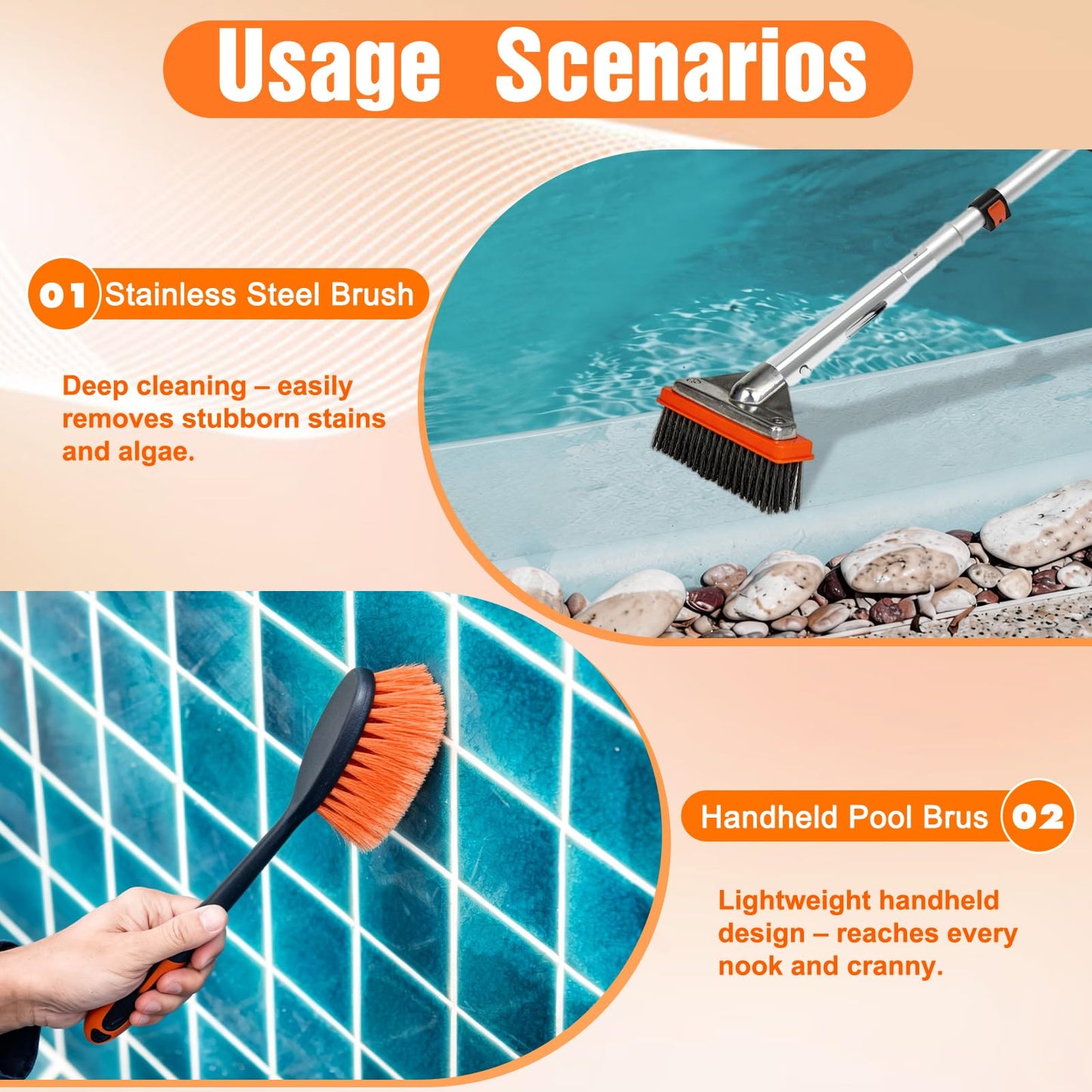 LAANPOLE 4-in-1 Pool Brush with Pole, Heavy Duty 18" Pool Brush Head, 5" Stainless Steel Brush and Hand-Held Pool Scrub Brush for Inground & Above Ground Pools, Pool Scrubber Brush with 16FT Pole