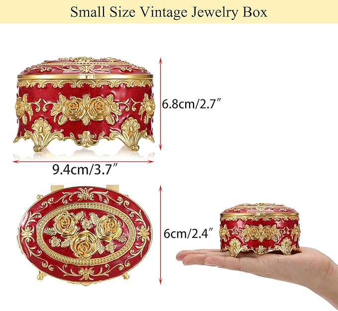 Hipiwe Oval Jewelry Box Classic Metal Trinket Organizer Ring Storage Box with Rose Pattern Jewelry Storage Box for Ring Earrings Necklace, Gift for Women, Red