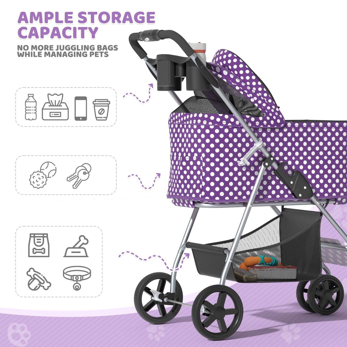 Magshion Foldable Pet Stroller, 3-in-1 Dog Travel Jogger with Detachable Carrier, Cup Holder, Storage Basket, Folding Carrier for Small/Medium Dogs & Cats Up to 33 lbs, Purple Polka Dots