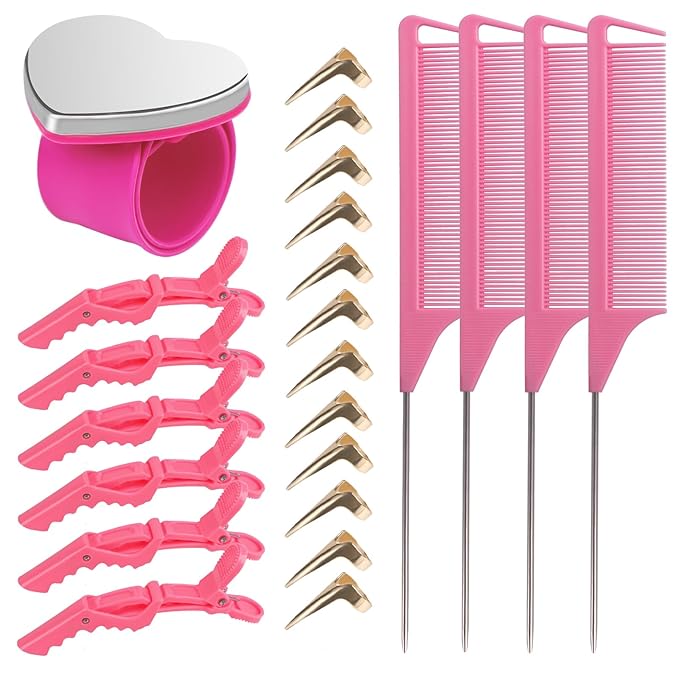 23 Pieces Hair Parting Tools Set, Magnetic Wrist Pin Holder for Braiding, Sectioning Clips, Rat Tail Combs, Hair Parting Rings