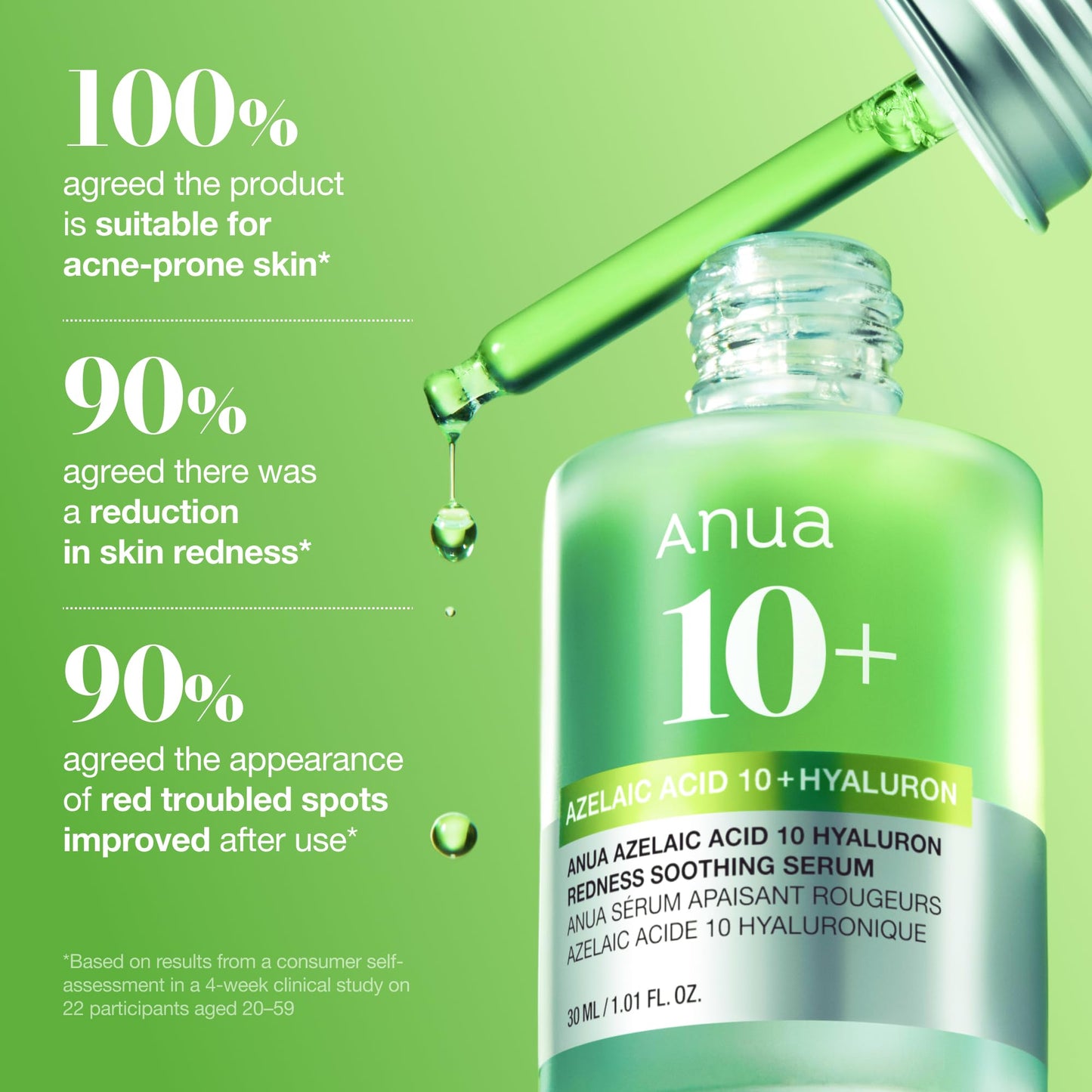 Anua Azelaic Acid 10 Hyaluron Redness Soothing Serum, Facial Serum for Blemish-Prone & Oily-Prone Skin, Lightweight & Hydrating Blemish Care, Hyaluronic Acid, Korean Skincare, 1.01 fl oz.