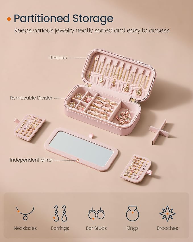 SONGMICS HOME Travel Jewelry Case, Travel Jewelry Box Organizer with Mirror, 4.1 x 8 x 2.4 Inches, Stitching, Portable, Gift Idea, Jelly Pink UJBC180S01