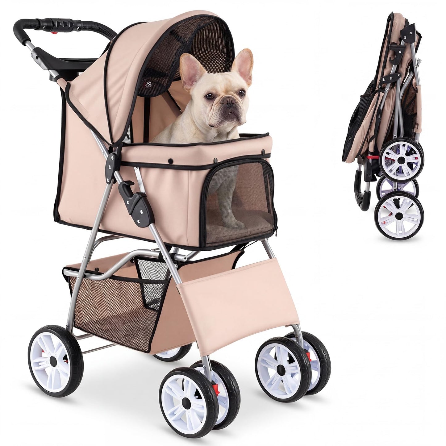 Giantex Foldable Pet Stroller for Small Dogs & Cats, Lightweight Dog Stroller with Lockable Wheels, One-Hand Quick Fold, Adjustable Canopy, Safety Leash & Storage Basket, Pet Travel Stroller, Beige