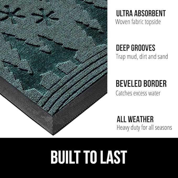 GORILLA GRIP 100% Waterproof All-Season WeatherMAX Doormat 35x23, US Designed Natural Rubber, Stain and Fade Resistant, Low Profile Indoor Outdoor Door Mats, Easy Clean Patio Mat, Green Snowscape