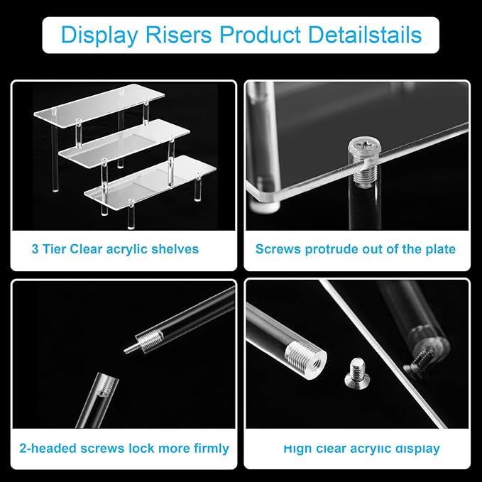 HENABLE 2PCS Acrylic Display Risers, 3 Tier Clear Cupcake Stand Risers, Organizer for Perfume, Funko POP, Food, Tabletop Use