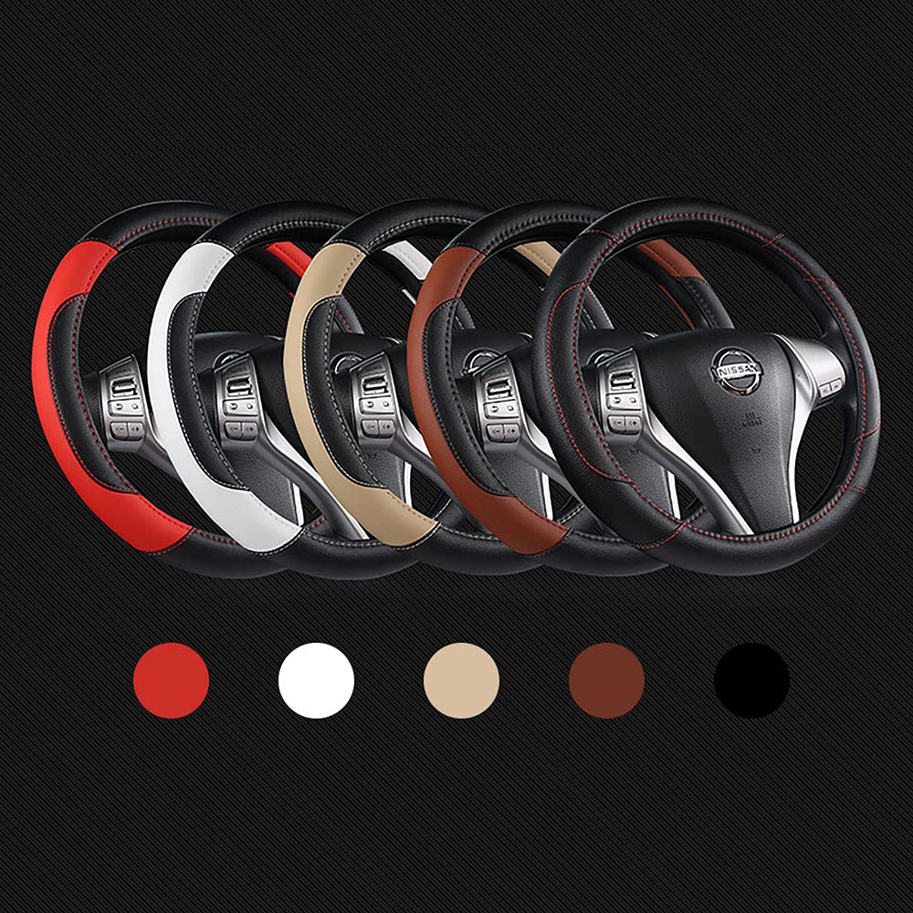 Leather Car Steering Wheel Cover, Non-Slip Car Wheel Cover Protector Breathable Microfiber Leather Universal Fit for Most Cars(Beige)