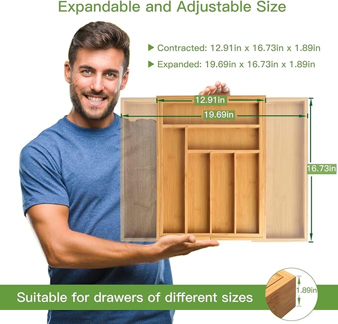 Pipishell Bamboo Expandable Silverware Drawer Organizer, Adjustable Kitchen Utensil Tray for Forks, Spoons and Knives, Wood Storage Cutlery Holder for Bedroom and Living Room