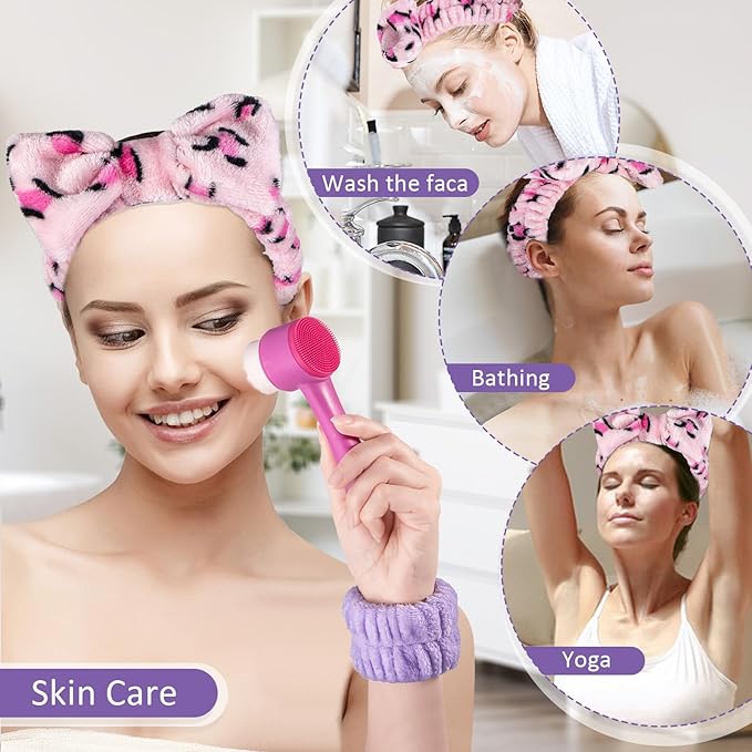 Facial Cleansing Brush 2 in 1, Silicone Face Scrubber Dual Face Brush for Deep Pore Cleansing and Exfoliating, Skincare Headband and Wristbands Set for Washing Face Massaging Spa Makeup,Purple