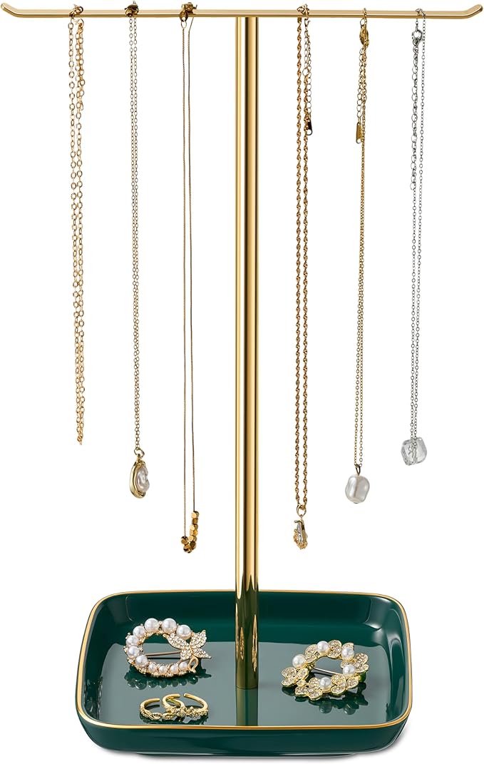Jewelry Holder Stand with Ceramic Base: 12" Tall Necklace Organizer Rack, Tree Design Display Storage for Necklaces, Bracelets, Rings, Earrings, Aesthetic Room Décor for Girls and Women, Green