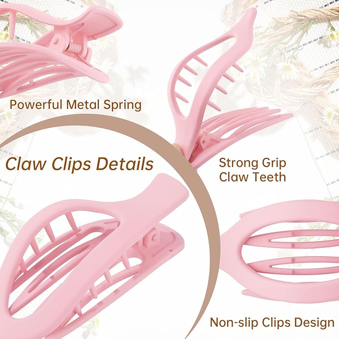French Flat Hair Clips for Women - 6Pcs Flat Hair Claws for Thin Thick Hair Strong Hold No Slip Grip Hair Claw Clips for Women Girls (Matte Pinks(L:4.6 IN, W:1.97IN))