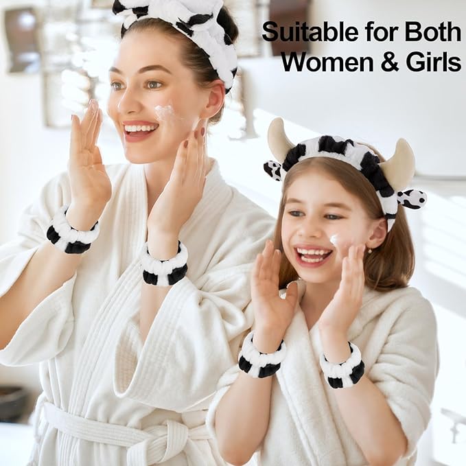 Canitor Cow Print Spa Headband and Wrist Bands Kit - Soft Makeup Headband Cute Cow Ears Skincare Set Gifts for Women Girls
