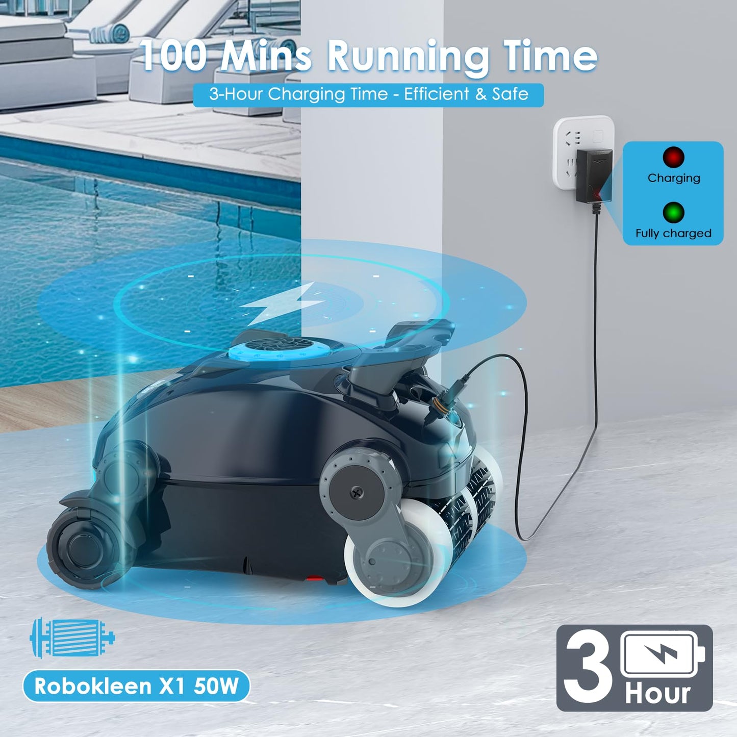 Cordless Robotic Pool Cleaner, Wall Climbing, Lightweight, Extended Battery Life, 8L Large Capacity, Advanced Dual-Motor, X1 Auto Pool Vacuum for Inground & Above Ground Pools Up to 1100 Sq.Ft, Blue