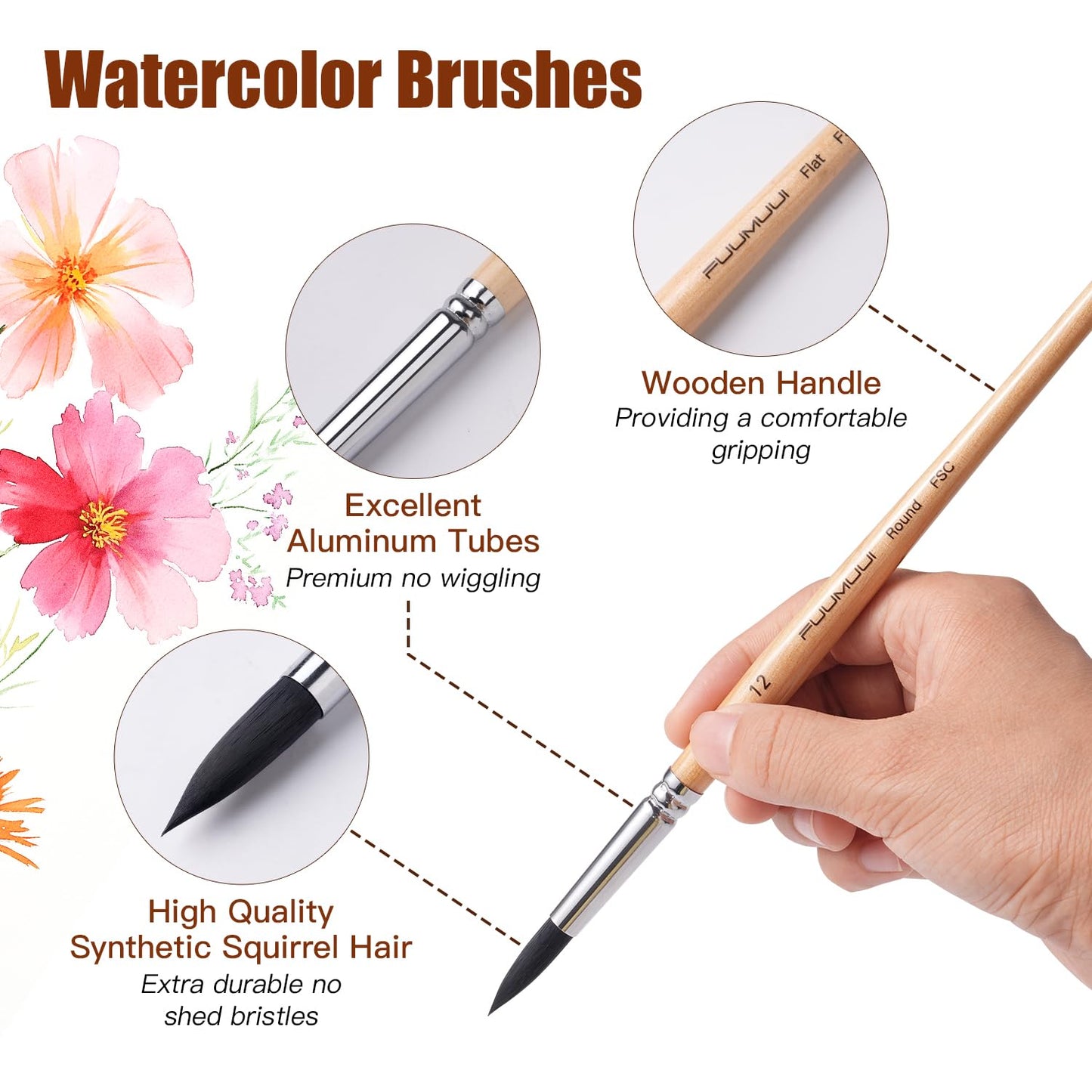 Watercolor Brush Set, Fuumuui 10pcs Professional Synthetic Squirrel Paint Brushes for Artists - Flat, Round Pointed, Dagger, Cats Tongue Oval Wash