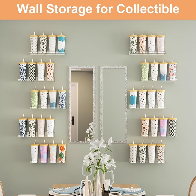 upsimples 8 Pack Acrylic Shelves Wall Organizer and Storage, 15" Display Shelf for Figure, Toy Cars, Perfume, Kids Bookshelf for Bedroom, Nursery, Craft Room, Clear