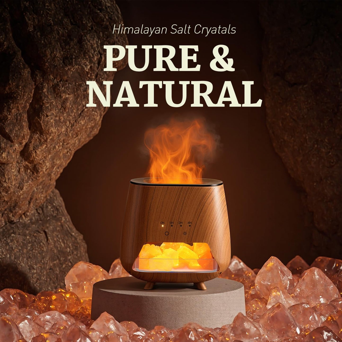 JJNJJN Essential Oil Diffuser for Home: 200ml Wood Grain Scent Diffuser - Pure Himalayan Pink Salt Rock - Cool Mist Humidifier with Auto Off Function and 9 Colors LED Light for Bedroom