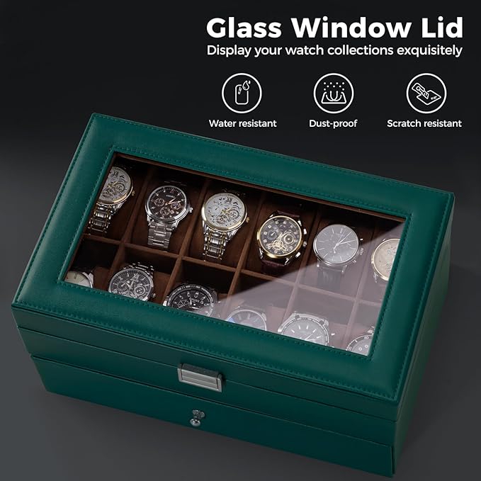 ProCase Watch Box, 12 Slot Mens Watch Case With Drawer, 2-Layer Watch Display Case With Glass Lid, Mens Jewelry Box Storage Holder Organizer, Birthday Valentine Gifts for Men -12Slot, MidnightGreen