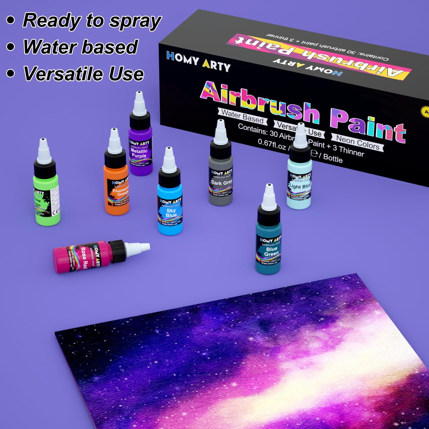 HOMY ARTY Airbrush Paint - 30 Colors with 3 Thinner, Ready to Spray Airbrush Paint Set, Water-Based Acrylic Air Brush Paints for Metal, Plastic Models, Canvas, Wood - 33 Bottles
