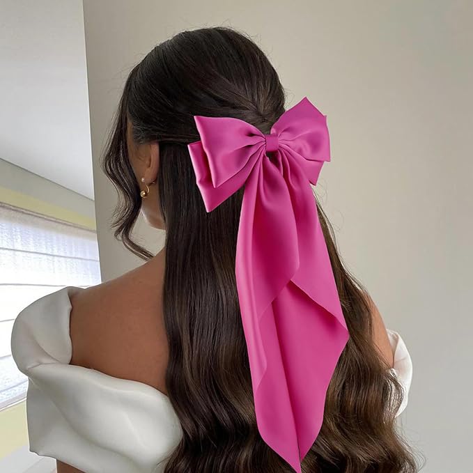 6Pcs Large Bows Hair Clips for Women Girls Long Tail Hair Ribbon Silky Satin Barrettes Coquette Hair Bows Accessories (Pink/Deepblue/Purple/Orange/Hot Pink)