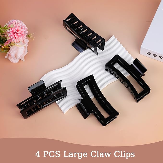 5 Inch XL Jumbo Claw Clips for Thick and Long Hair, 4-Pack Oversized Glossy Rectangle Hair Clips for Women, Strong Hold Non-Slip Jaw Clips, Black