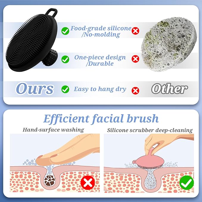 Silicone Face & Body Scrubber Set, Exfoliating Body Scrubber Face Scrubber with Dense Bristles & Non-Slip Handle, Gentle Silicone Loofah Face Brush for Good Lathering and Deep Cleansing(Black)