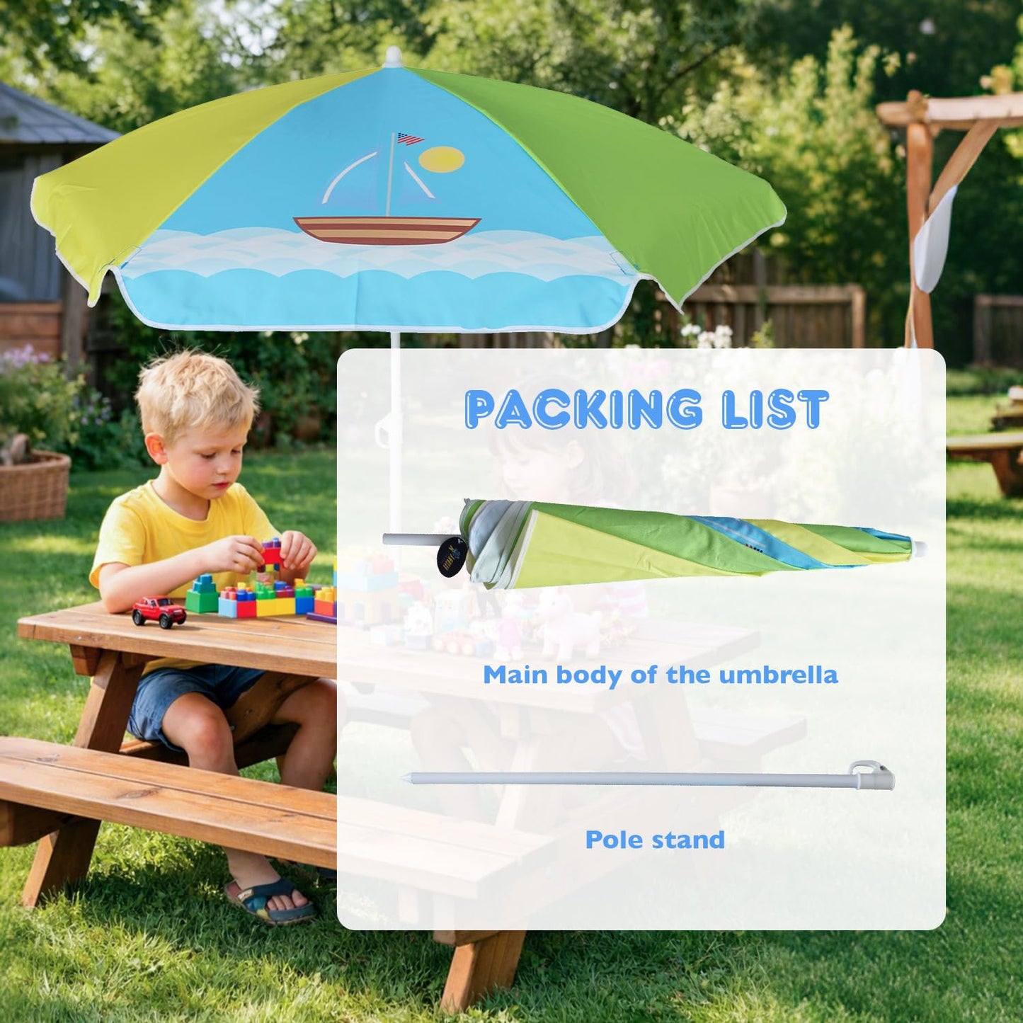 AMMSUN 5ft Seaside Umbrella for Sand Box Water Table - Kids Durable Umbrellas for children Picnic Beach Camping Garden Outdoor Play Shade (5ft Green Yellow Boat)