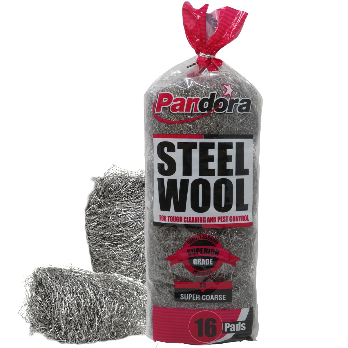 Pandora Steel Wool #4 – Extra Coarse Grade, 16 Pads for Tough Cleaning and Pest Control - Quality Metal Strands - Ideal for Removing Stubborn Paint, Rust, Dirt, and Varnish