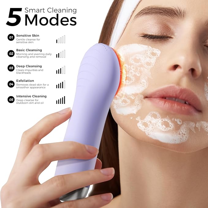 Face Scrubber Facial Cleansing Brush - Waterproof and Rechargeable Face Cleansing Brush with 4 LED Gentle Light, Cleansing, Exfoliating and Massaging, Electric Face Scrub Brush for Men & Women