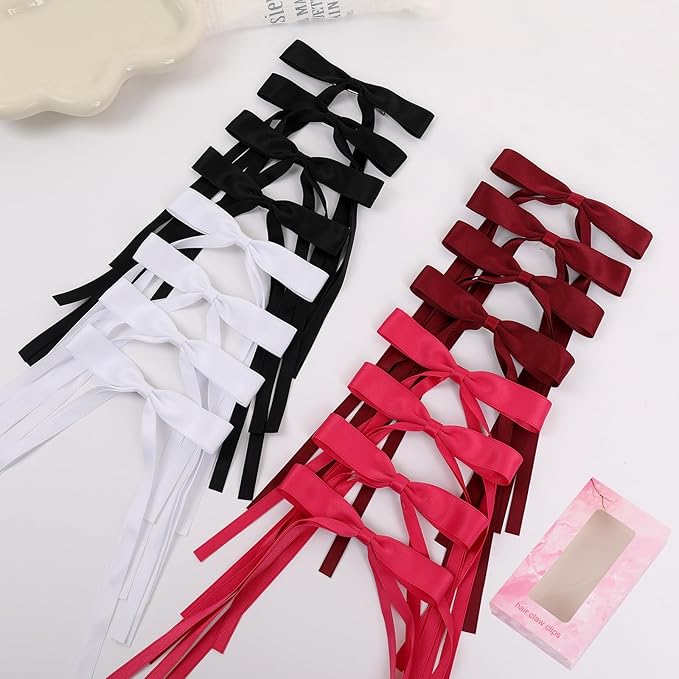 Hair Bows Clips Coquette Ribbon Bowknot with Long Tail Princess Hair Bows French Barrettes Hair Accessories for Women Girls 16PCS (Wine Red, Rose red, White, Black)
