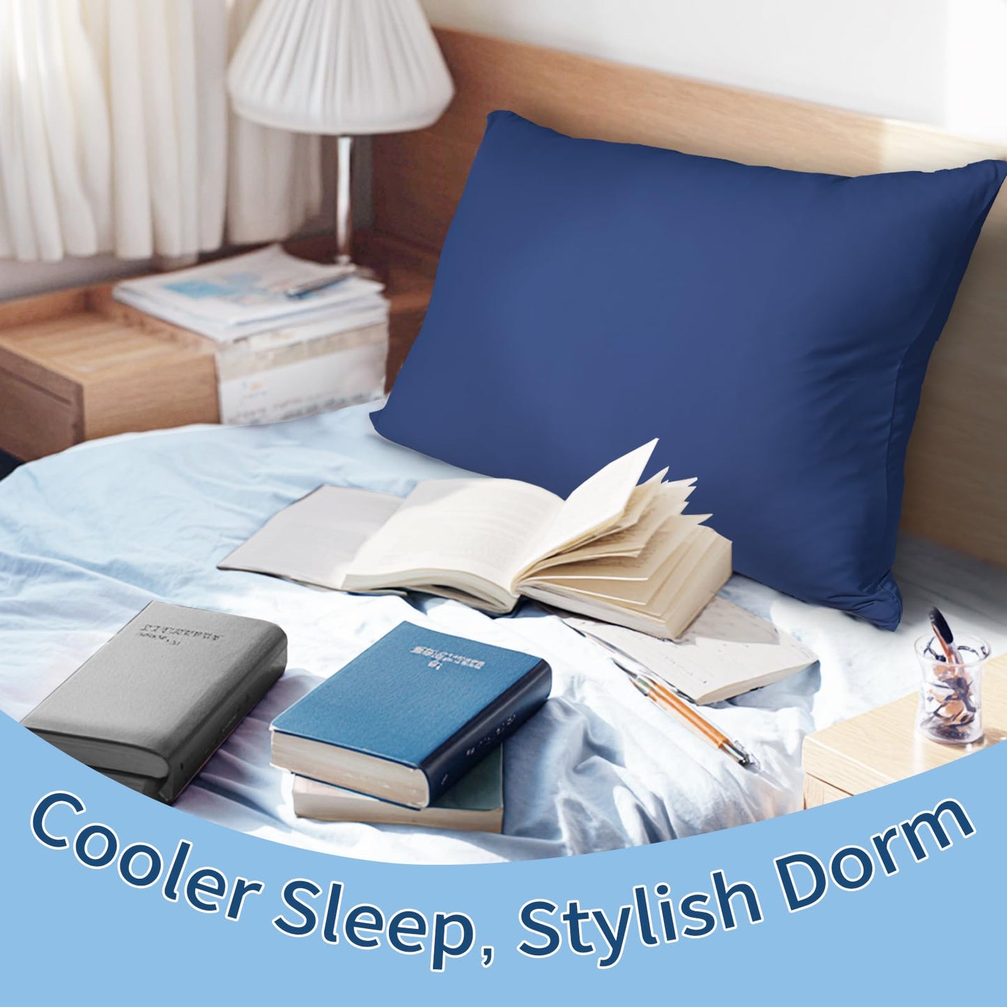 Cooling Pillow Cases for Hot Sleepers and Night Sweats, Ice Cool Pillowcases Queen Size Set of 2 for Hair Skin Silky Luxury Cover with Envelope Closure, Dorm Essentials for Deco, Royal Blue,20"×30"