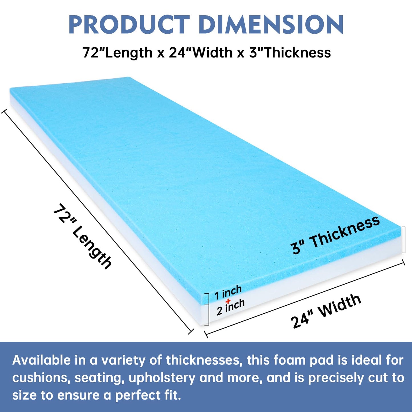Upholstery Foam, 72" x 24" x 3" High Density Gel Memory Foam Padding Couch Cushion Support, Cut to Size Foam Replacement Pad for Sofa Sag Support