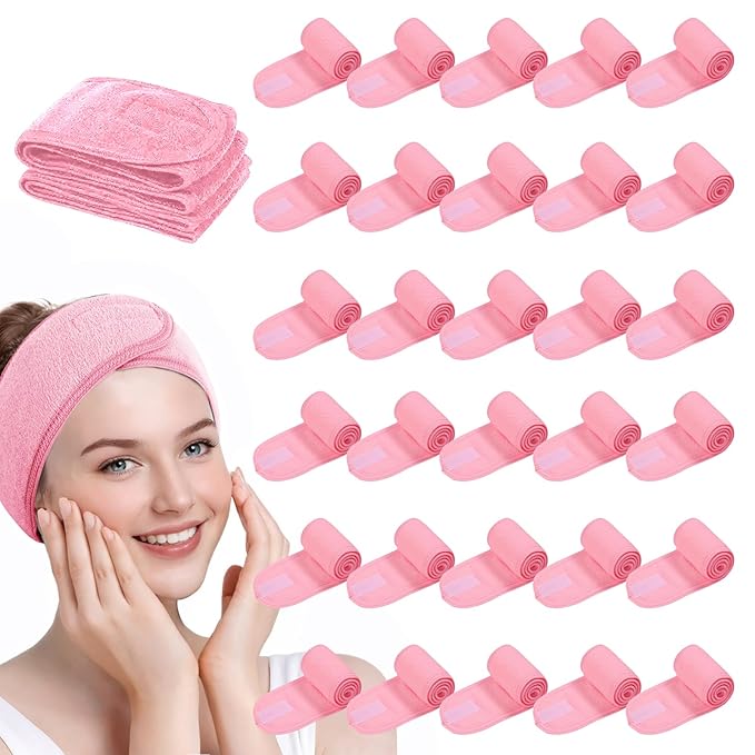 30 Pack Adjustable Spa Headband for Women Non-Slip Facial Hair Wrap for Washing Face, Makeup, Shower, Skincare, and Yoga (Pink, 30)