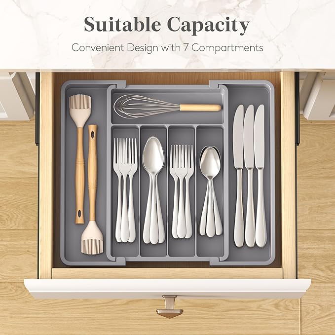 Lifewit Silverware Drawer Organizer, Expandable Utensil Tray for Kitchen, BPA Free Flatware and Cutlery Holder, Adjustable Plastic Storage for Spoons Forks Knives, 8.5-14 x 12", Gray