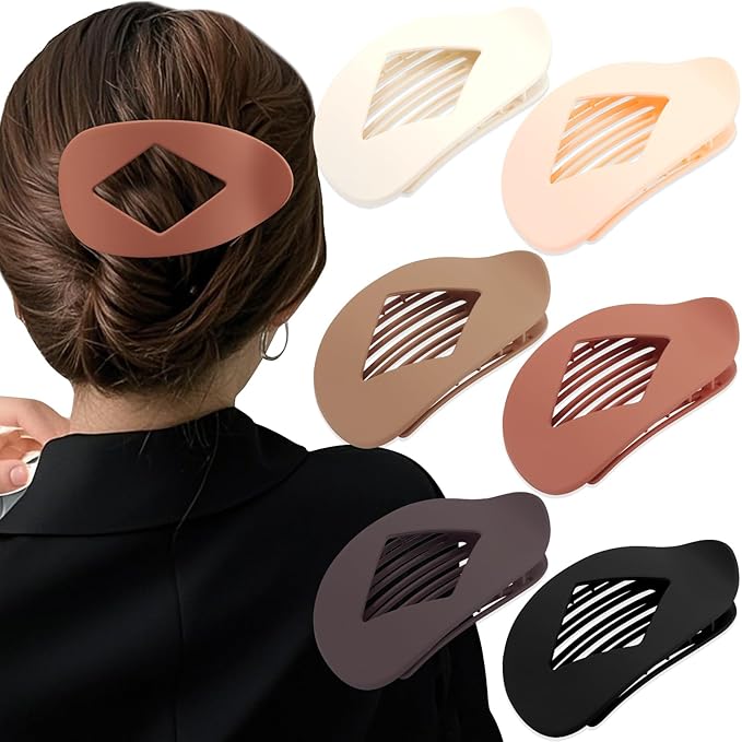 Large Flat Round Hair Clips Oval Claw Clips for Thick Medium Thin Hair 6Pcs Non Slip Strong Hold Barrettes Duckbill Accessories for Women Girls Matte Solid Neutral Color