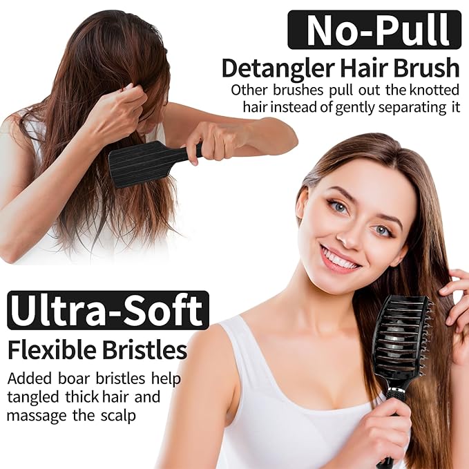 Boar Bristle Hair Brush 2 Pack, HIPPIH Wet & Dry No Pull Curved Vented Hair Brush, Styling Magical Detangler Brush for Kids & Men, Hairbrush for Women Can Adds Shine & Smooth Curly Thick Hair