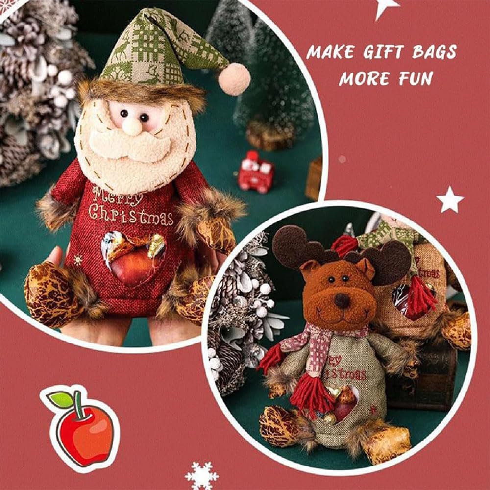 EZGHAR 2025 New Christmas Gift Bags Zipper Design, Christmas Gift Doll Bags, Small Fabric Gift Bags, Reusable christmas Bags with Santa Snowman Style for Presents Candy Fruit and Festival (3pcs)
