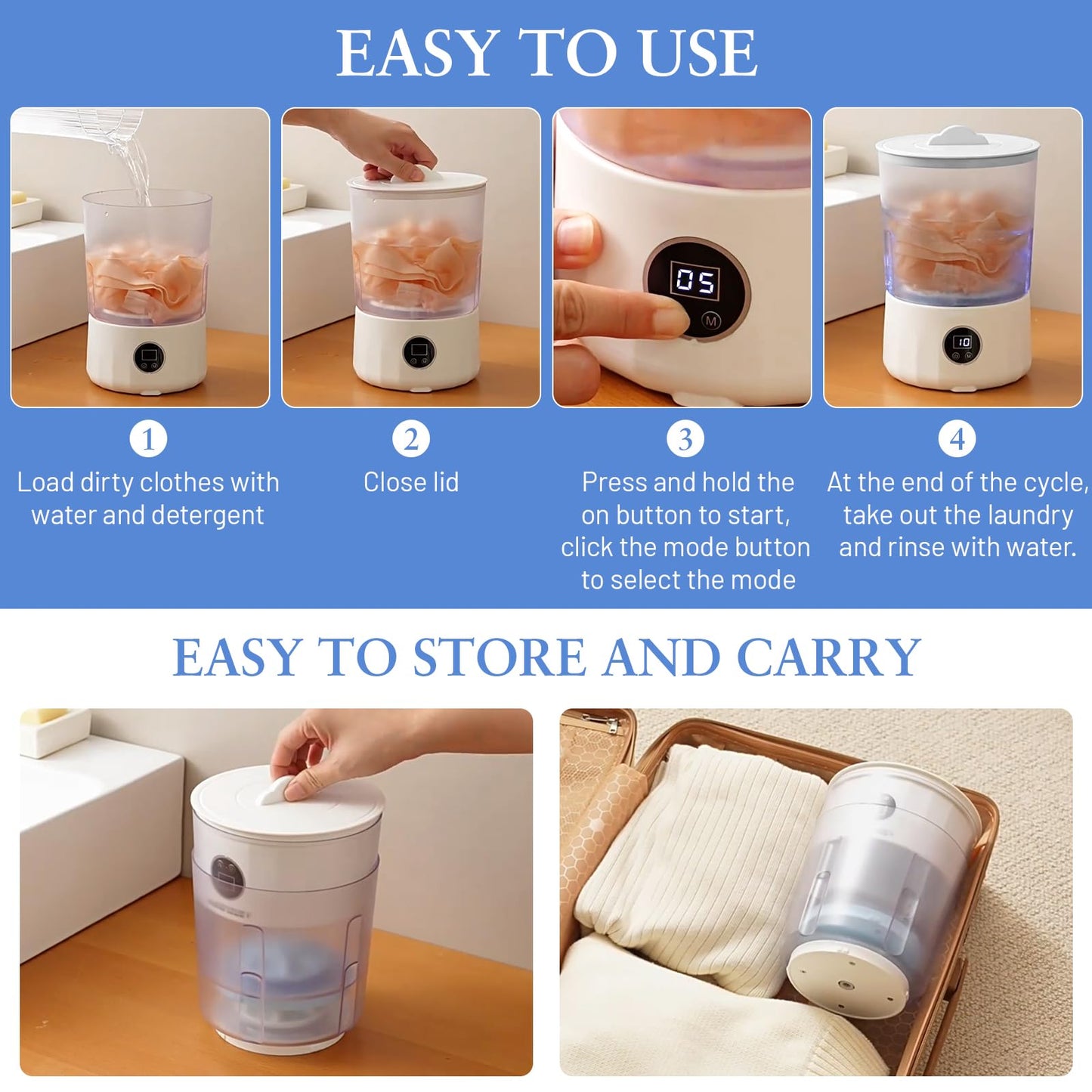 Underwear Washing Machine - Portable Rechargeable Mini Washing Machine w/ 1.5L Isolated Tubs, Bionic Hand-Wash Tech for Travel, Camping, Dorm | 3 Modes, 3000mAh