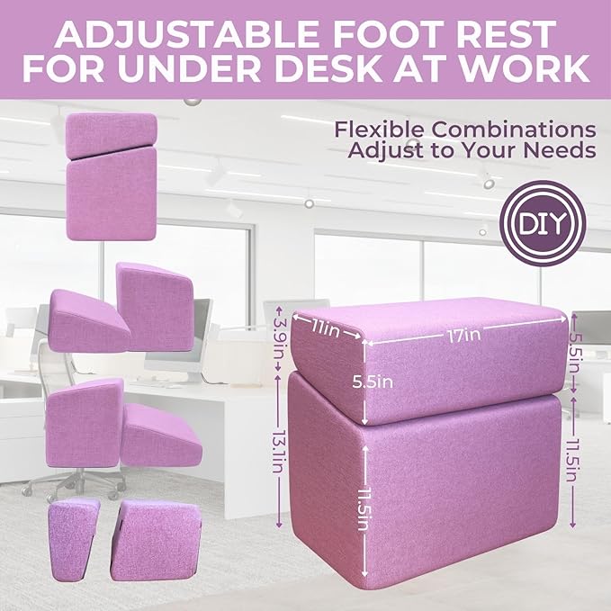 Purple Adjustable Foot Rest for Under Desk at Work – Ergonomic Linen Memory Foam Footrest Pillow with Breathable Washable Cover, DIY Height Adjustment for Office Chair, Gaming, Home & Travel Use