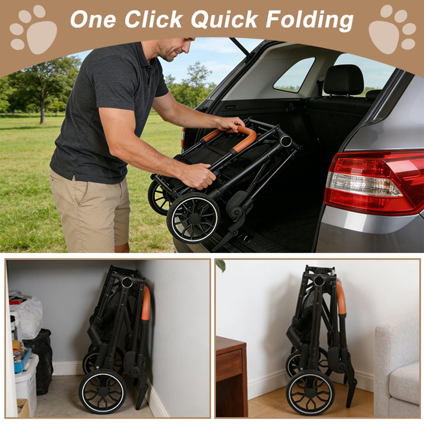 VRHOT Pet Stroller for Small Dogs and Cats, Detachable Dog Cat Stroller with All-Terrain Shock Absorbing Wheels, One-Click Foldable Design, Adjustable Canopy (Black)