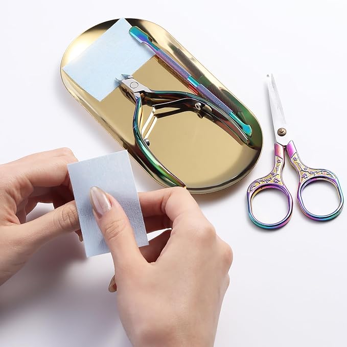 1Pcs Manicure Tools Storage Tray, Oval Stainless Steel Storage Dish Nail Art Accessory Display Tray Jewelry Rhinestone Cosmetic Nail Decorations Organizer Metal Storage Plate (Gold)